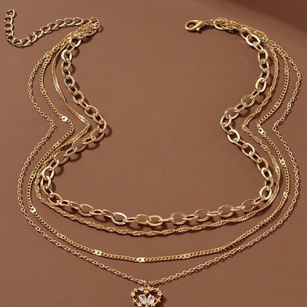 Heart Charm Layered Necklace Copper Jewelry - Zirconia Stones - One hook for all - Picture 3 of 6